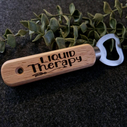 Engraved Wooden Bottle Opener with Quote "Liquid Therapy "